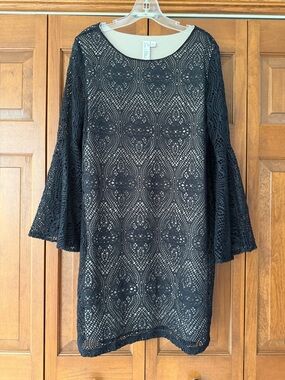 Emma & Michele Black Crochet Bell-Sleeve Dress